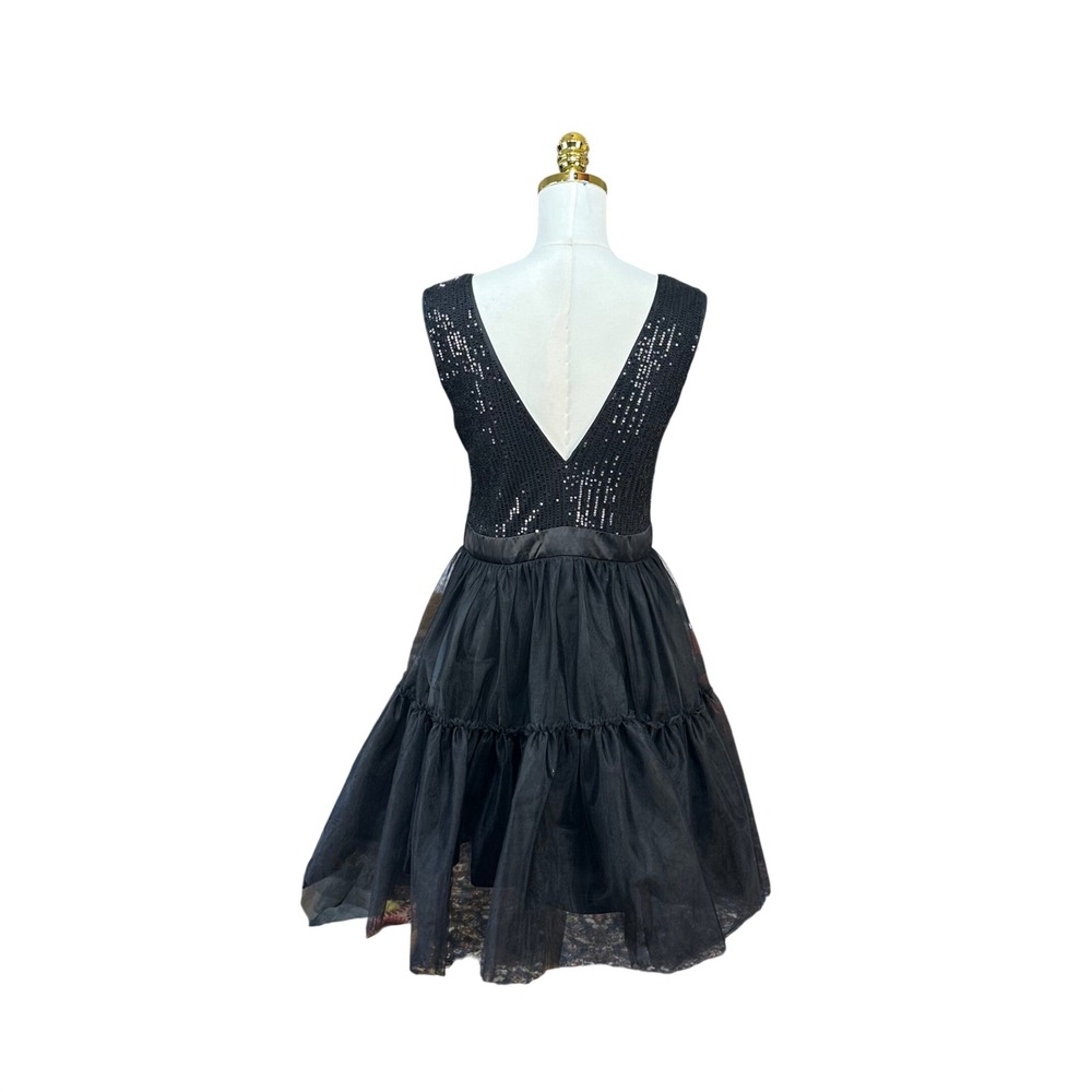 Womens Black Sequin Tulle Tiered Fit and Flare Party Dress Size L Sleeveless - Picture 6 of 8